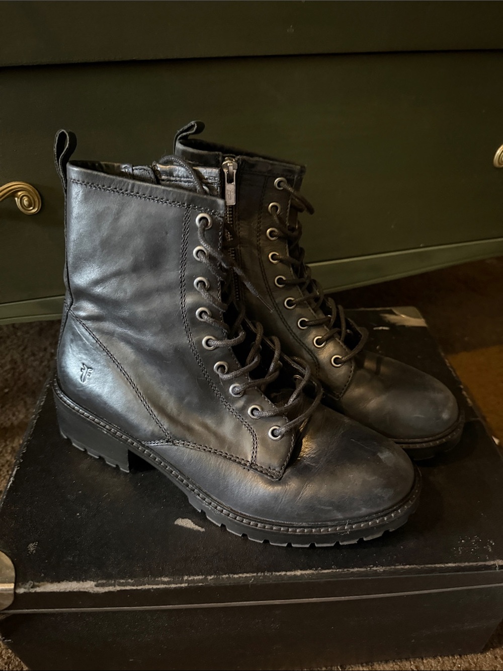 Frye Black Leather Lace-Up Combat Boots for Women